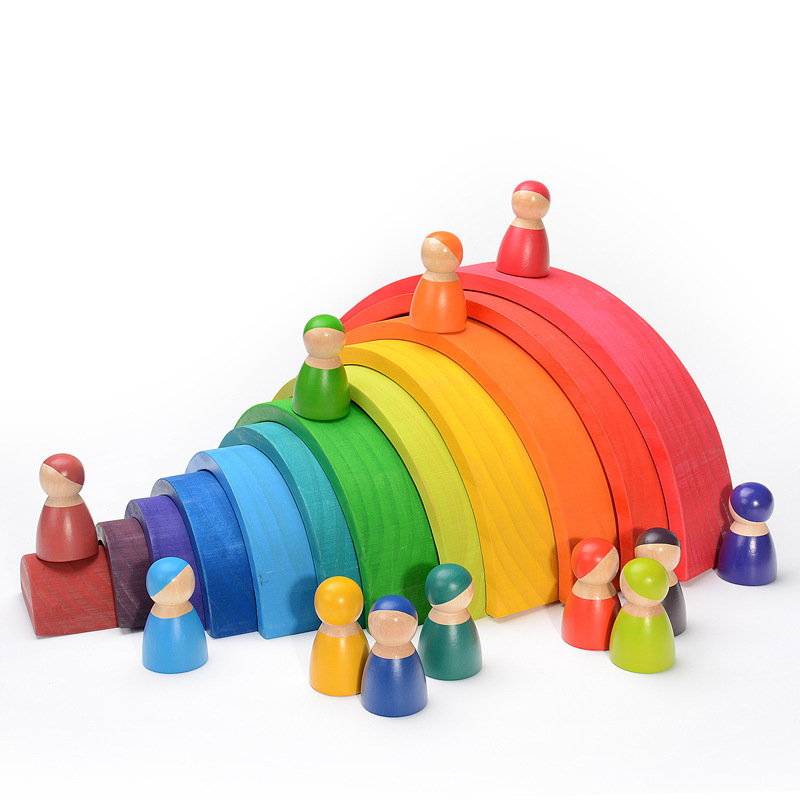 Wooden Blocks Stacking - Holz-Regenbogen-Bausteine, bunte Stapelbausteine, offene Formen, kreative