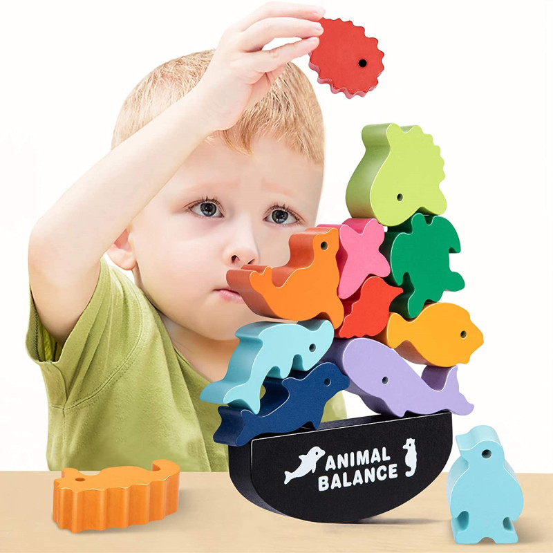 Wooden Blocks Stacking - Neue Kinder Montessori Holz Tier Balance