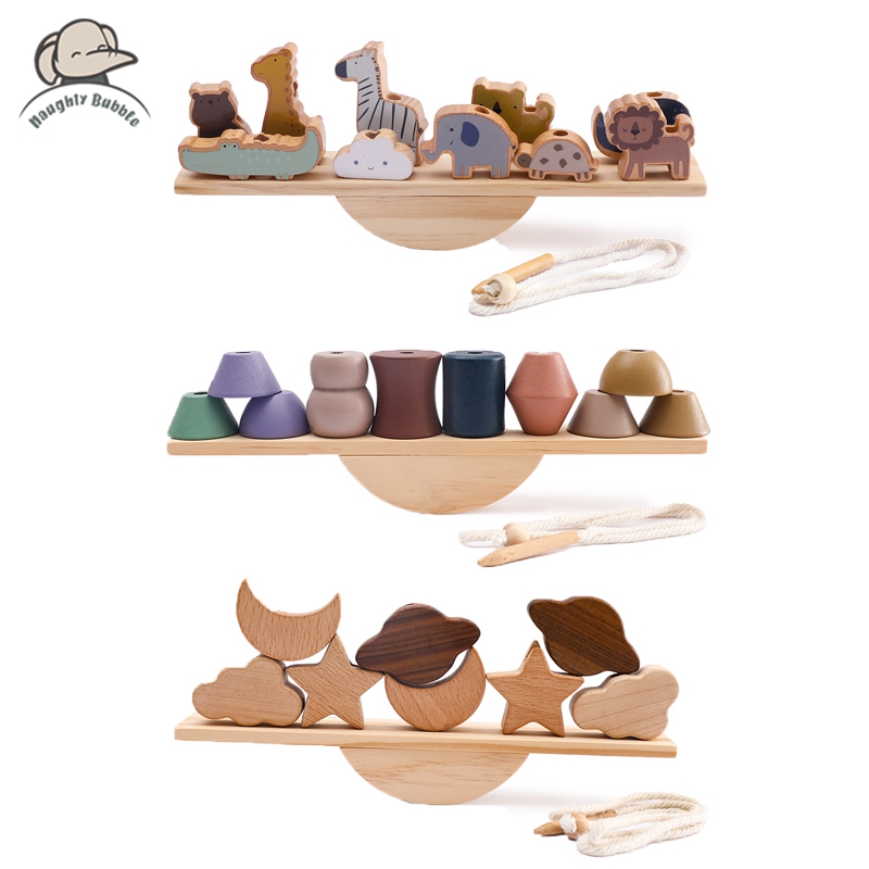 Wooden Blocks Stacking - Baby Tier Threading Spielzeug Holz Wippe
