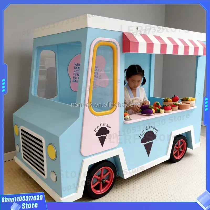 Kids Toys Mall - Holz-Eiswagen-Spielzeug mit Rädern für Kinder, Indoor-Spielplatzausrüstung,