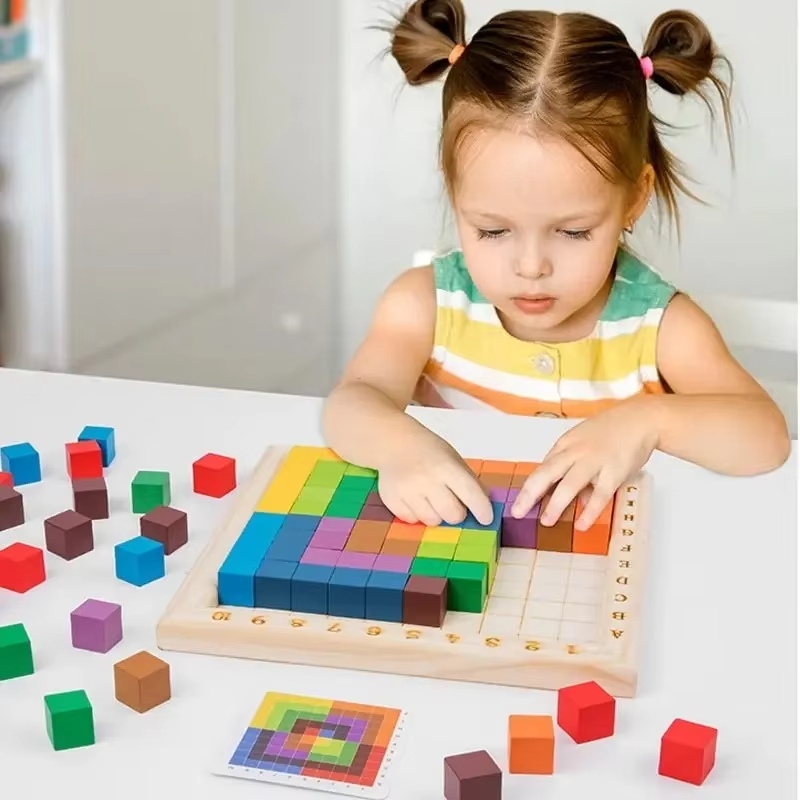 Wooden Blocks Stacking - Montessori Farbzähl-Bauklötze Holz 10*10 Puzzle 3D-Raumstapelspiel